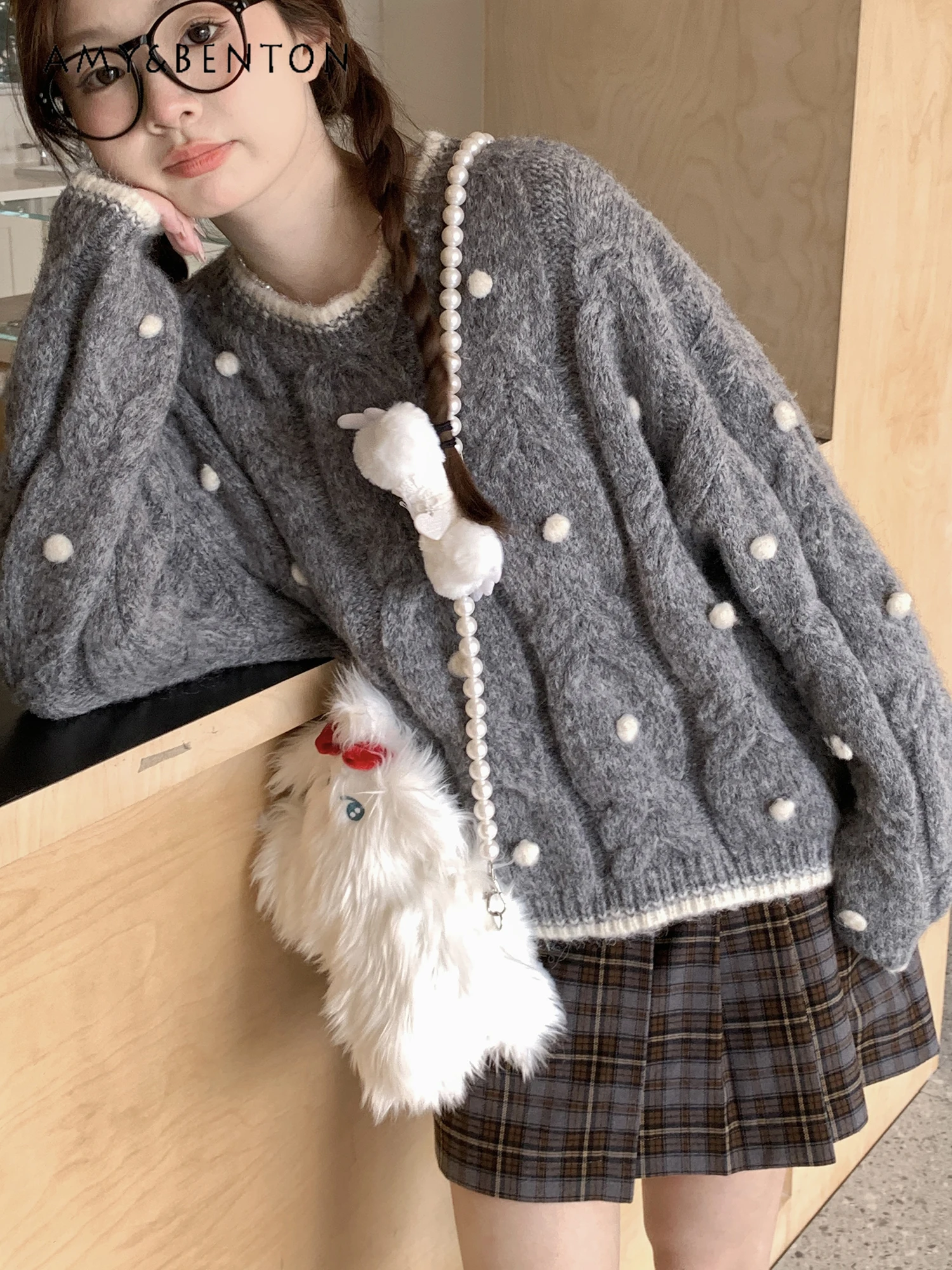 

Japanese Retro Sweet Tridimensional Fur Ball Polka Dot Round Neck Sweater Women Warm Thick Loose Casual Sweaters Winter Clothes