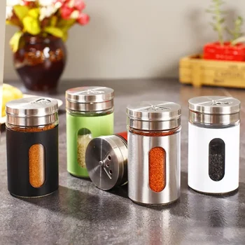 Stainless Steel Seasoning Jars Glass Spreading Bottle Barbecue Pot Pepper Toothpick Holder Salt Shaker Rotating