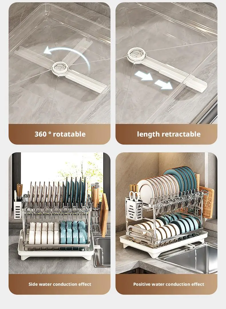 Dish Drying Rack - 2 Tier Stainless Steel Over Sink Shelf with Utensil Holder