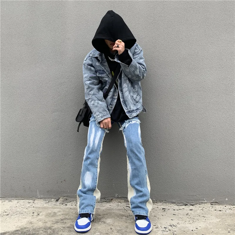 Fashion Patchwork Washed Blue Baggy Flare Jeans Pants Men Clothing Straight Loose Vintage Old Denim Trousers Pantalones Hombre
