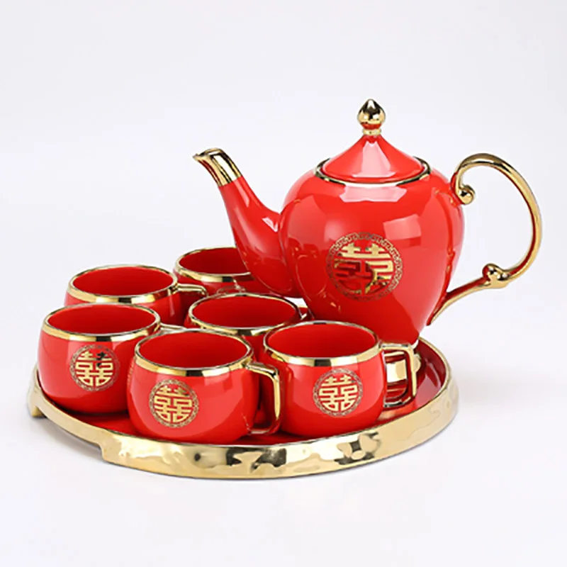 

Chinese Wedding Supplies Red Ceramic Tea Set Teapot Porcelain Kettle Teaware with Handle Newlywed Banquet Party Supplies