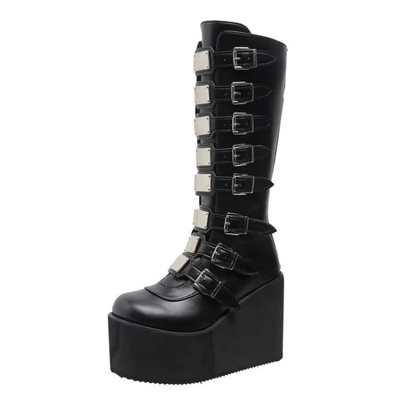 Women Knee Boots Brand Design Female Wedges High Heels Knee High Boots Black Platform Boots Women Gothic Cosplay Shoes