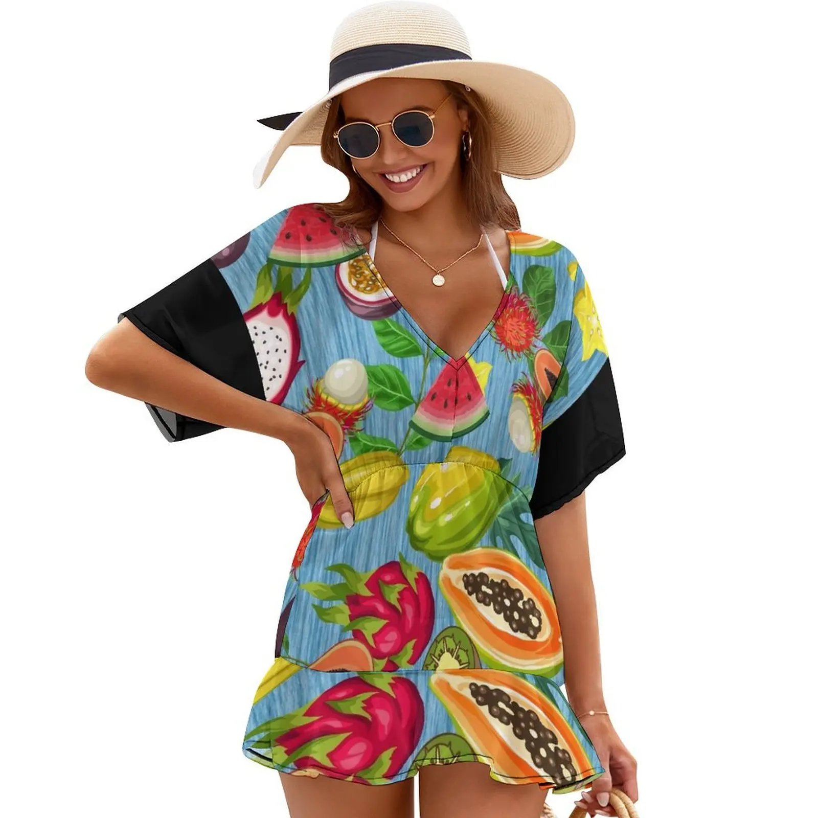 

Tropical Fruit Pattern, Exotic Colorful Fruit Slices Cover Ups Women's summer dresses dress korean style dresses for womens