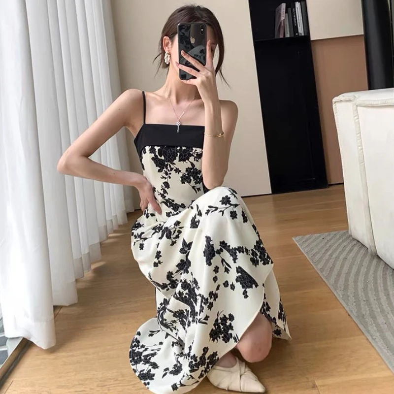 Rich Korean|Embrace summer elegance with our Midi Dresses Women Print Retro  Temperament. This sleeveless, spaghetti-strap dress is crafted from a blend  of polyester and cotton, offering a soft and ...