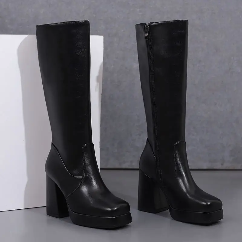 SIMLOVEYO 여성용 무릎 높이 부츠, 스퀘어 토 블록 힐, 10cm 플랫폼, 2.5cm 지퍼, 빅 사이즈 43, 간결한 스트리트 캐주얼 여성 보타