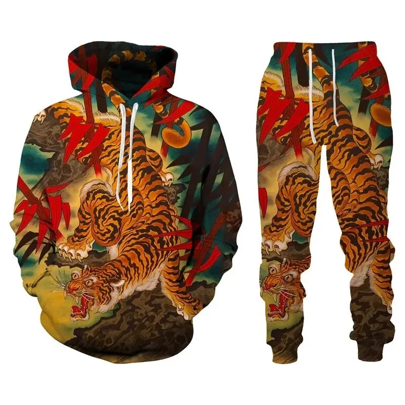 2023 New animal tiger Hoodie 3D Printed Men's Tracksuit Sets Casual Hoodie Pants 2pcs Sets Sweatshirt Fashion Men Clothing