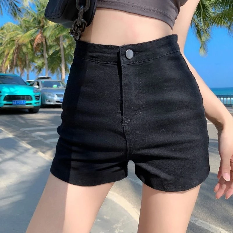Y2K Koreanischer Stil Damen Schwarze High-Waist Jeans-Shorts Neu A-Linie Weites Bein Slim Fit Lässige Sommer Streetwear Trendige Hot Pants – Detail 13