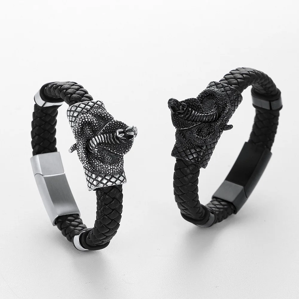 U7 Stainless Steel Animal Leather Bangle Bracelet for Man Cobra Elapid Scorpion Animal Charm Punk Laser Engrave Name ID Bracelet