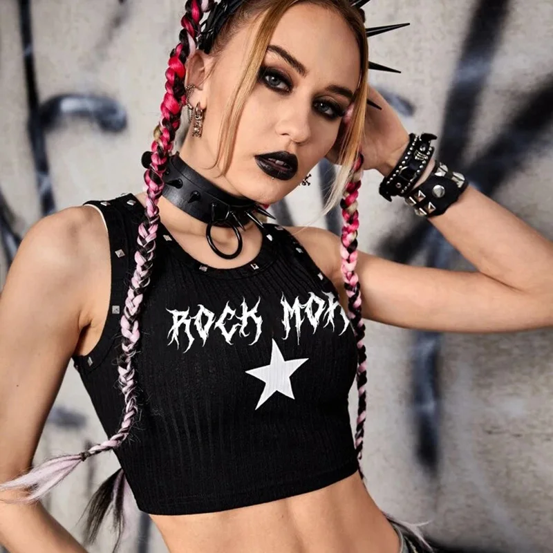 

Goth Black Ribbed Tank Top for Women Star Print Punk Rivet Cami Strap Round Neck Girl Tee Gothic Rock Shirt Summer Clothing Vest