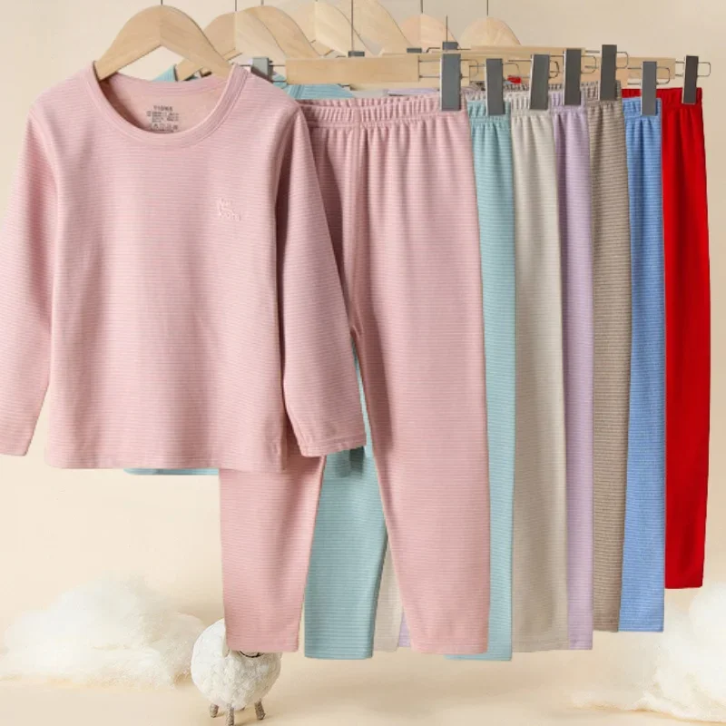 Teens Children's Warm Clothes Woolen Silk Thermal Underwear Set Thicken Brushed Fabric Infants Boys Girls Pajamas Sleepwear 2pcs