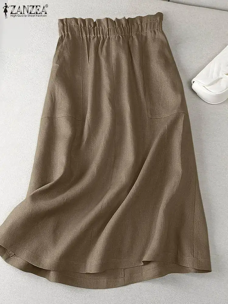 

Юбка ZANZEA Женская хлопковая однотонная до середины икры, винтажная Повседневная трапециевидная юбка с поясом на резинке, лето
