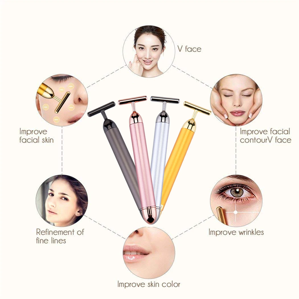 24k Golden Facial Roller Massager T Shape Vibrating Face Lifting Energy Beauty Bar Body Skin Massage Device Face Care Tools 2