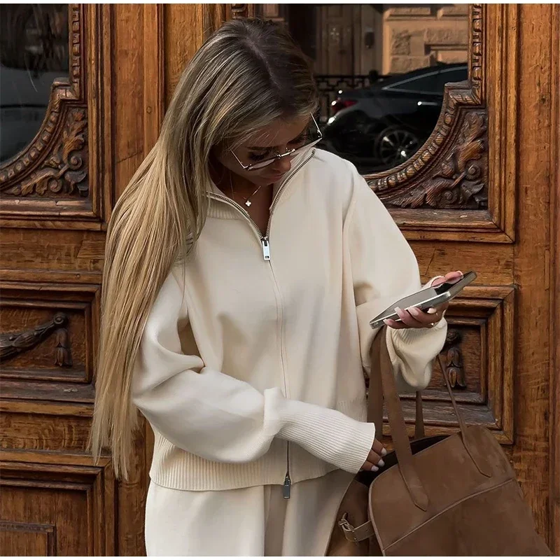 Knitted Pants Sets Women Stand Collar Zipper Cardigan Loose High Waist Pants Suits Autumn Winter New in Matching Outfits