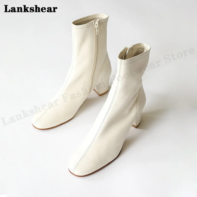 Thick Heel Mid-Tube Boots Leather White Short Boots Single Boots Women's Thin Boots Net Red Boots French Style Boots
