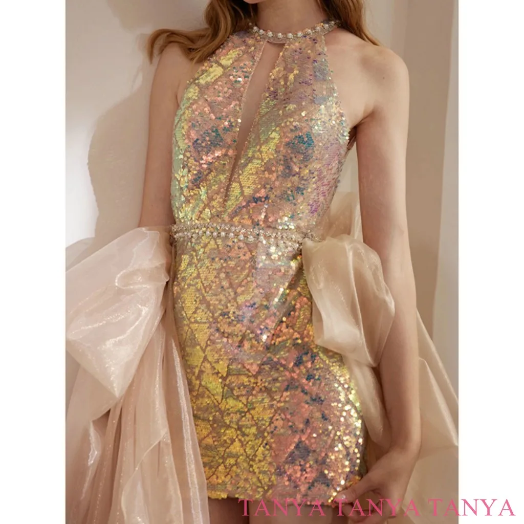 

Charming Bling Bling Cocktail Dresses Split O-neck Sexy Backless Sleeveless Classy Above Knee Woman Party Prom Gown SWD930