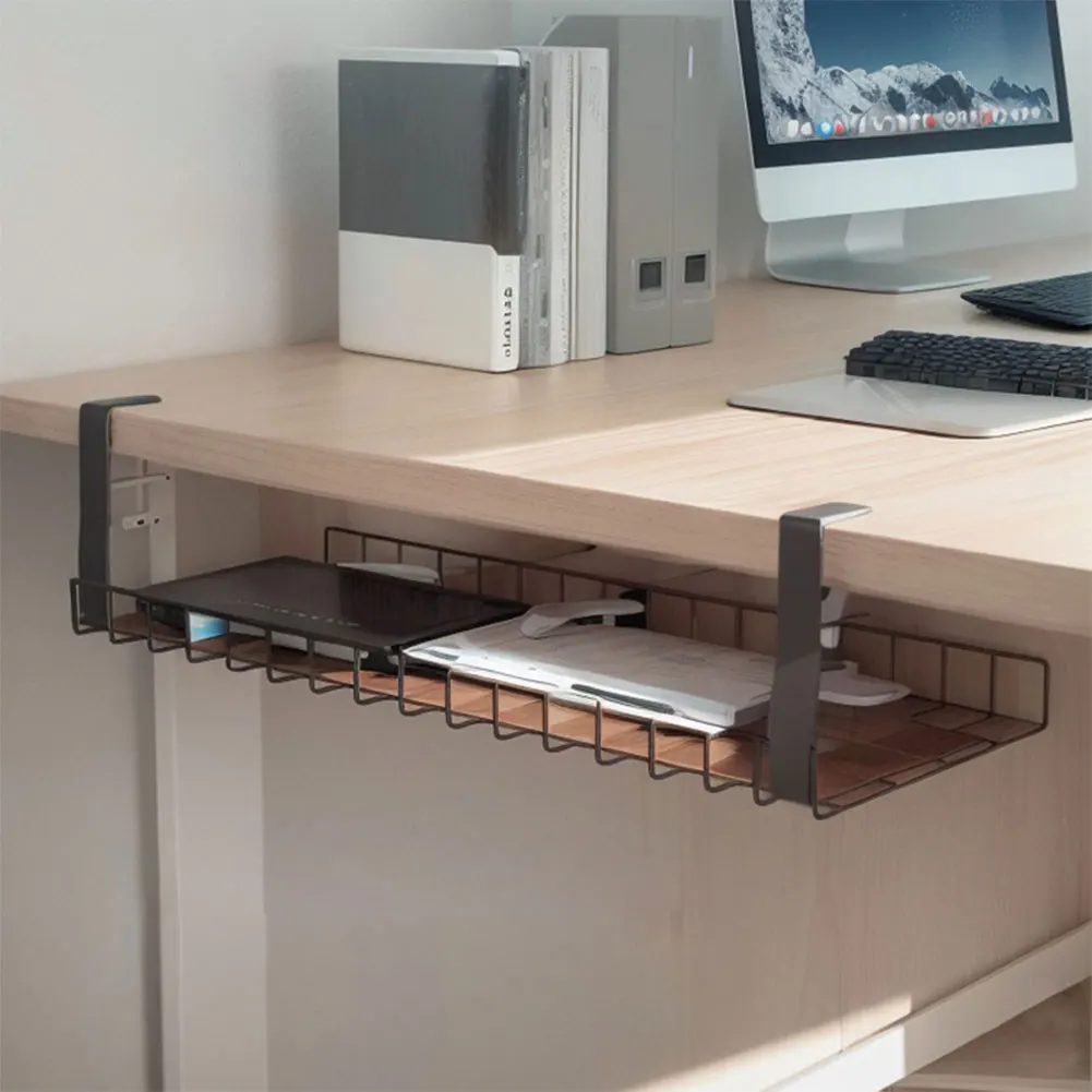 Undertable Storage Rack Metal Computer Desk Wire Organizer No Drill Under Desk Cable Management Tray Home Storage Accessories
