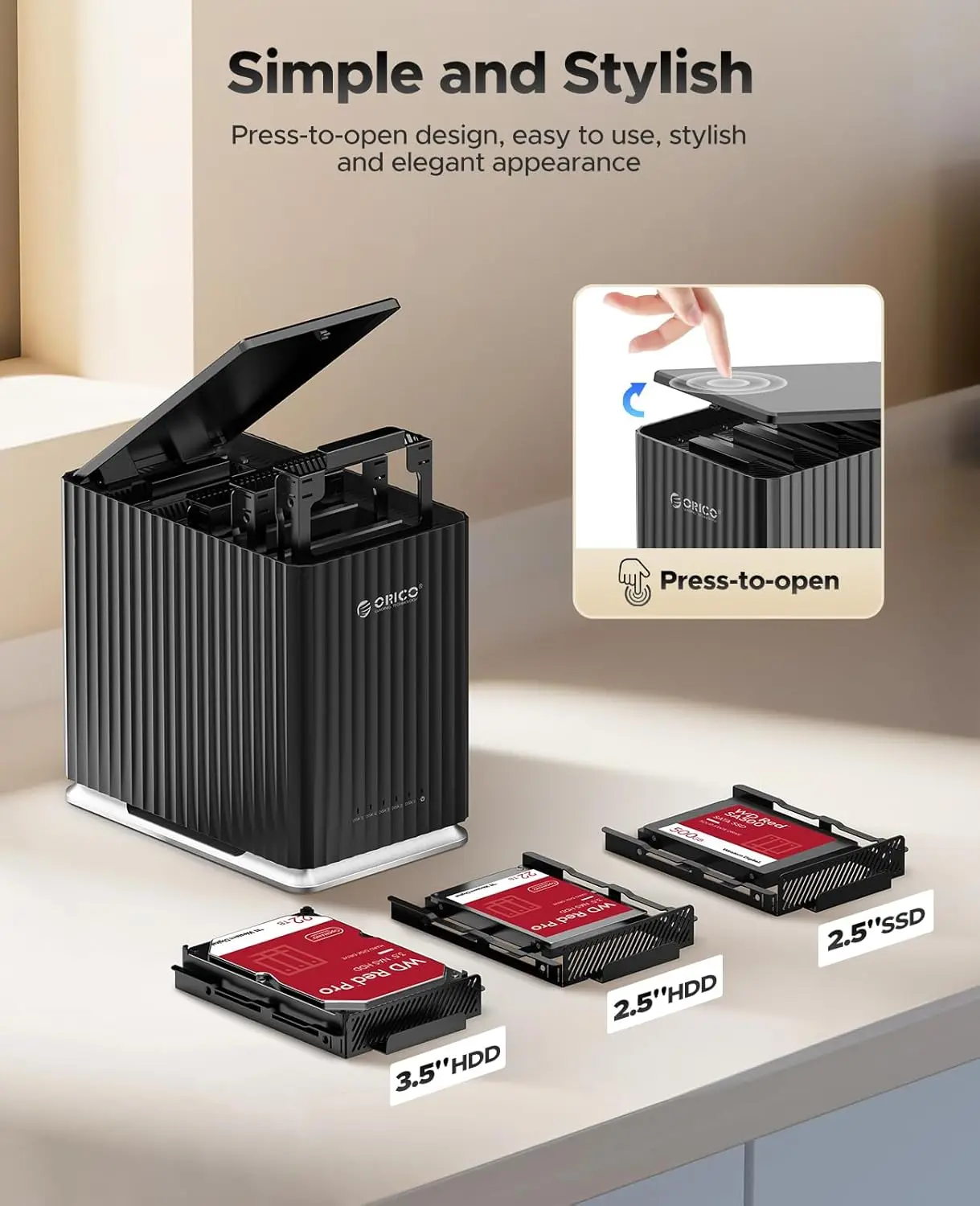 ORICO 2 5베이 USB C 하드 드라이브 인클로저 DAS 인클로저 개인용 스토리지(12V 4/10A 전원 어댑터 포함) 저소음 디자인 강력한 방열 기능