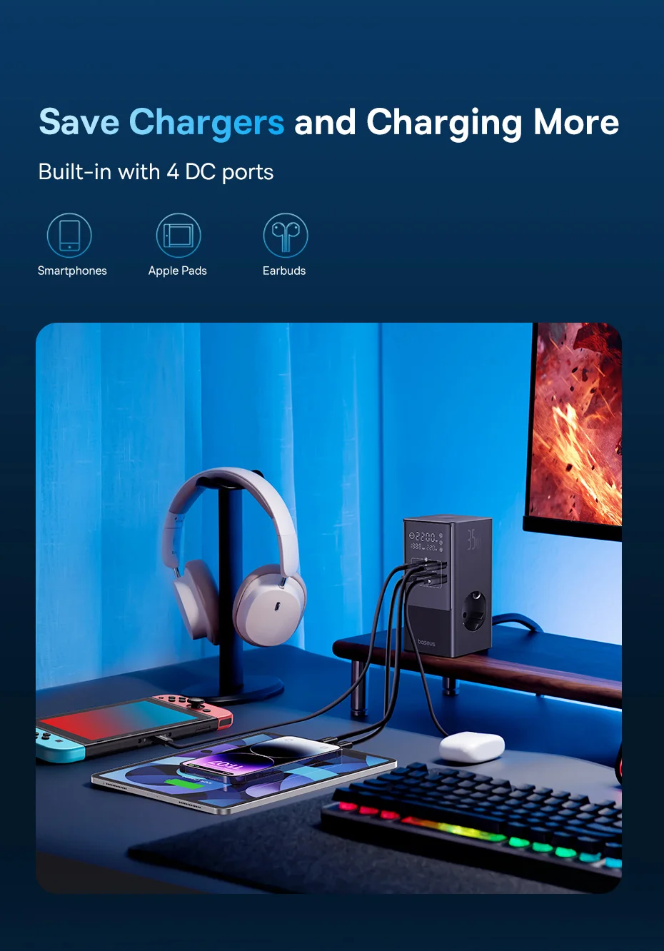 شاحن سريع Baseus 35 واط شريط طاقة 7 في 1 مع واقي تدفق 1200J لهاتف iPhone شاو شاو