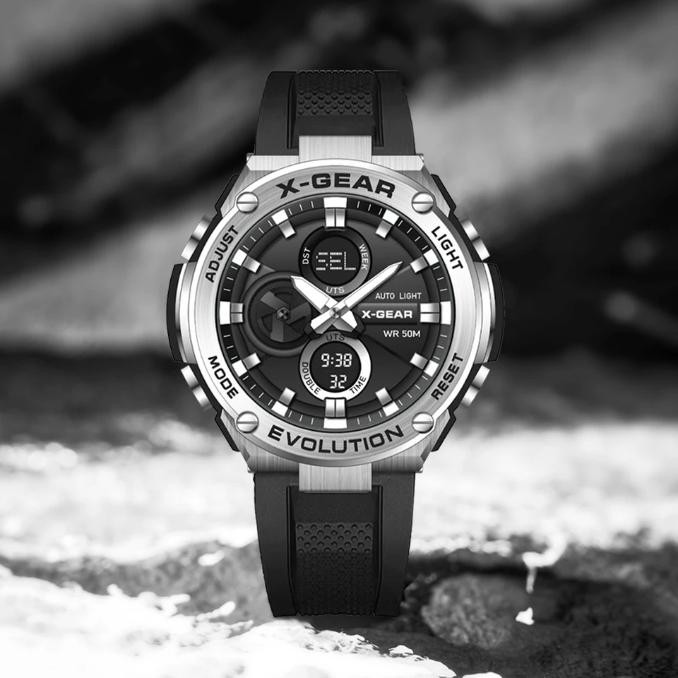X-GEAR Sports Mens Watches 5ATM Waterproof Dual Display Quartz