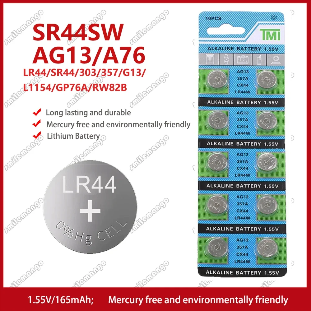 2PCS-50PCS 1.55V AG13 LR44 L1154 RW82 SR1154 SP76 pila SR44 Button ...