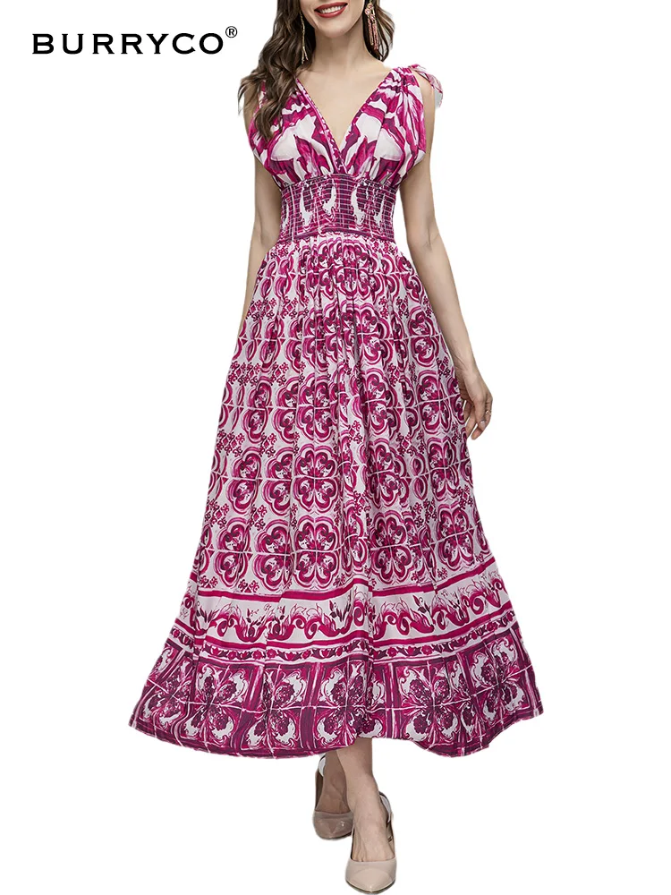

BURRYCO Women's New 2023 Summer Luxury Fashion Print Lace Up V-neck Sleeveless Waist Slim Dress
