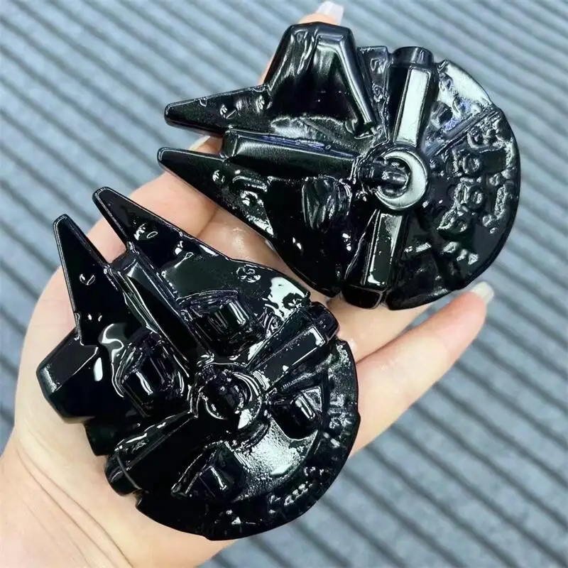 

10CM Natural black obsidian Spaceship carving carving Crystal Quartz Craft Healing Home Decor Christmas Gift 1PCS