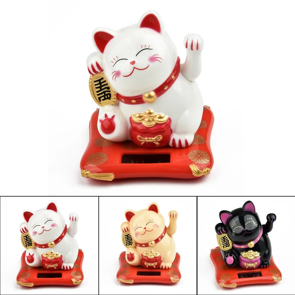 

Figurines Lucky Cat Ornament Solar Wave Hand Lucky Cat Home Office Car Desktop Decorations Christmas Birthday New Year Gifts