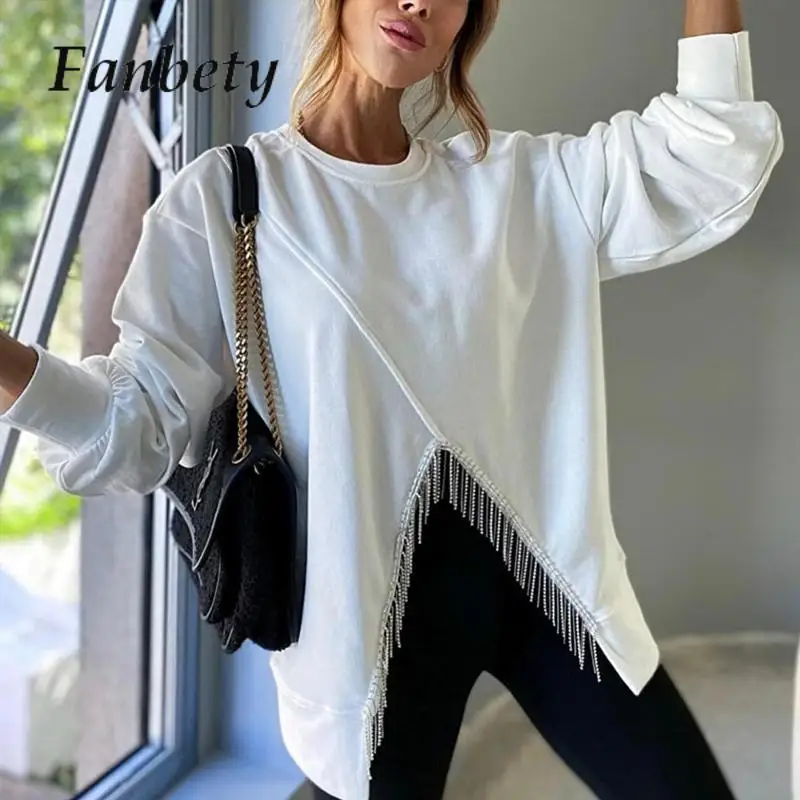 

Elegant Retro Tassel Hem Pullover Tops 2023 Lady Solid Color O-Neck Sweatshirts Fall Women Fashion New Stitching Slit Sweatshirt
