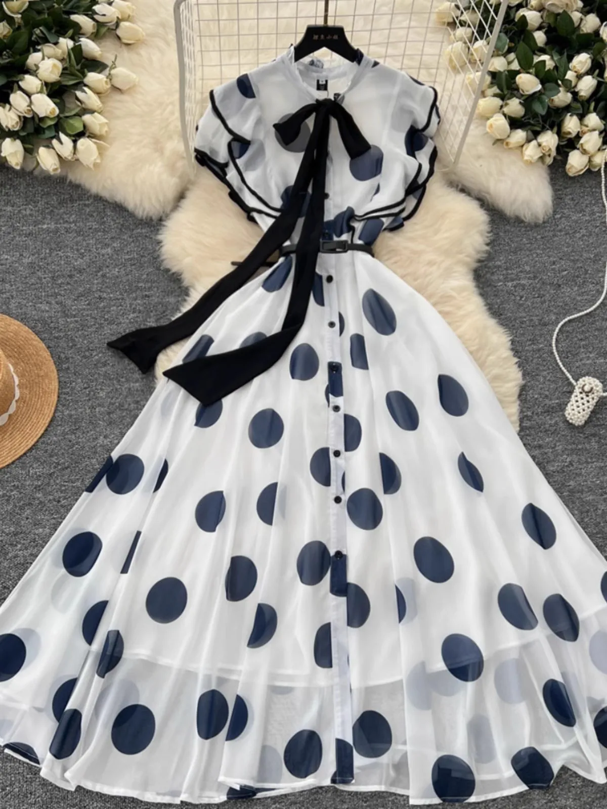 ワンピース Polka Dot Side Bow Pleated Dress white-S S6b35f108a6d642c3ba00c89d8a371
