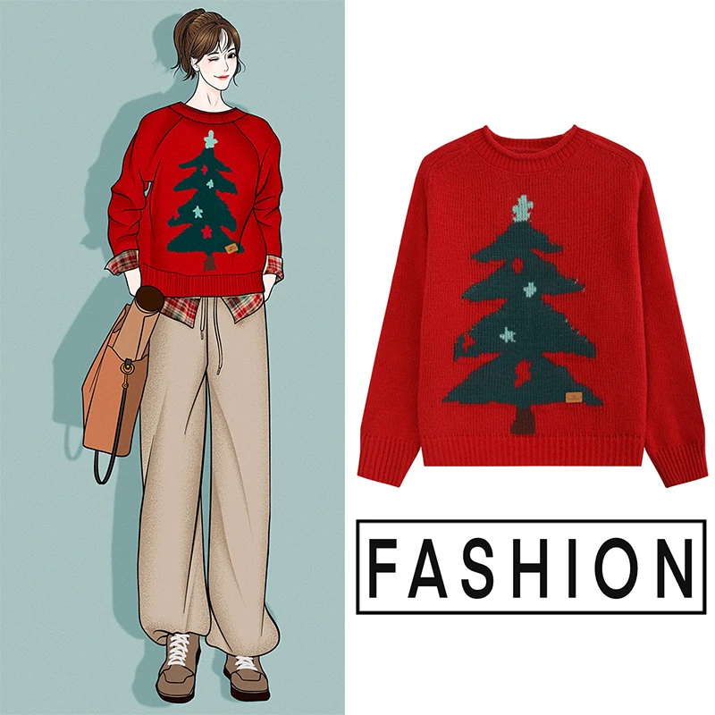 Autumn Winter Jacquard Knitwear Christmas Retro Polo Collar Contrast Color Pullover Women main image 0