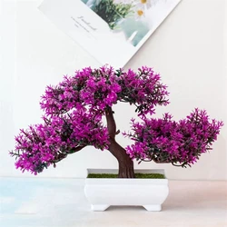 Miniature Artificial Bonsai Tree with Potted Flowers for Home and Garden Decor (Rose red)