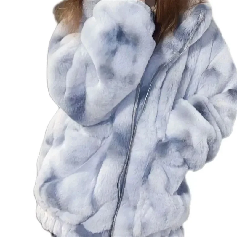 2023 Tie Dyed Rabbit Hair Imitation Plush Mid length Standing Collar Loose Casual Cotton Dress Thickened Lamb Hair Coat Women's