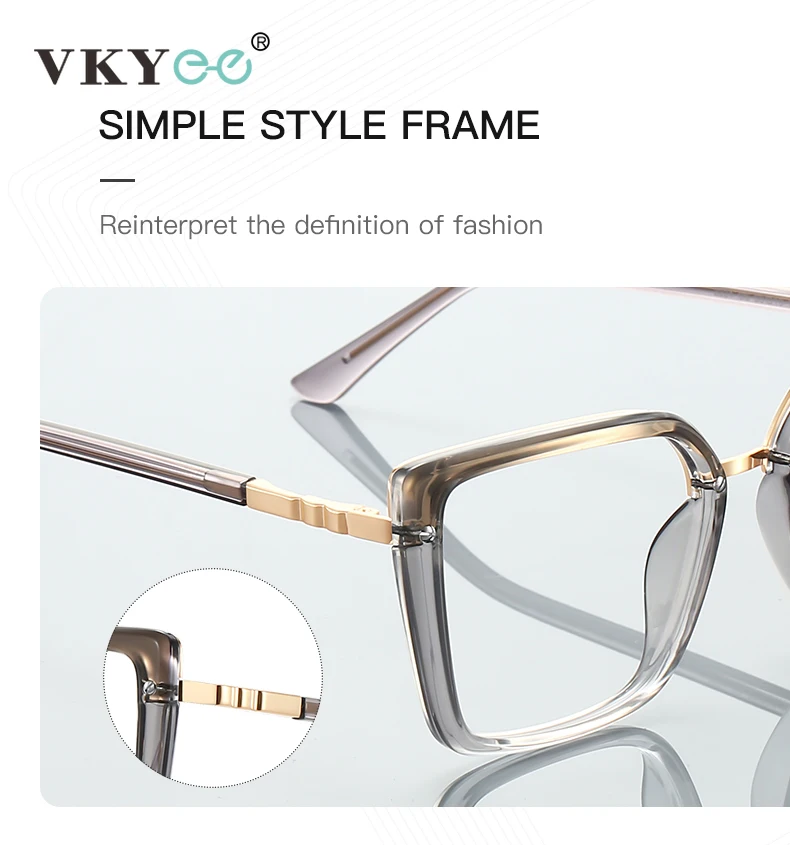 VKYEE Fashionable Large Frame Simple Square Design Anti-blue Light Reading Glasses Customizable Prescription Photochromic 4