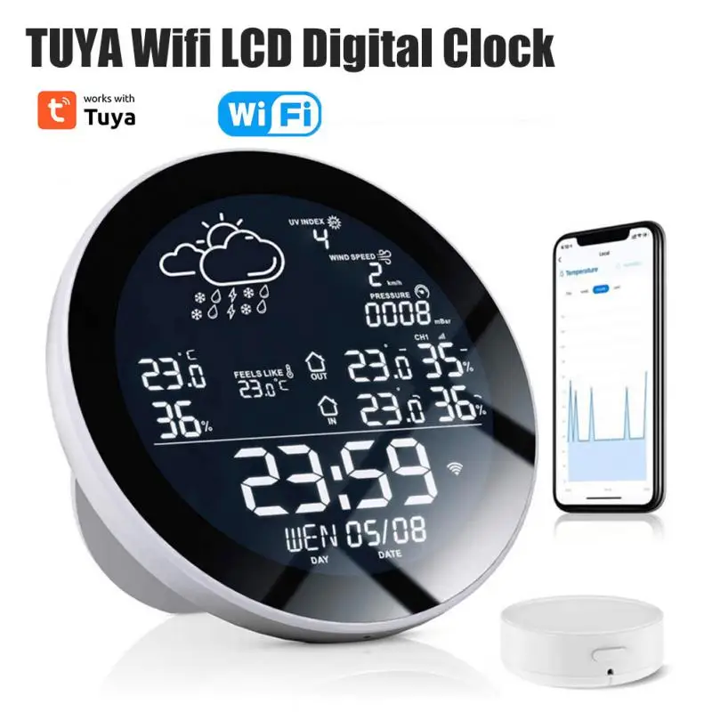 

Tuya Wifi Smart Weather Station with Clock Temperature and Humidity Meter Large Weather Clock Temp Humidity Gauge with 3 Sensor