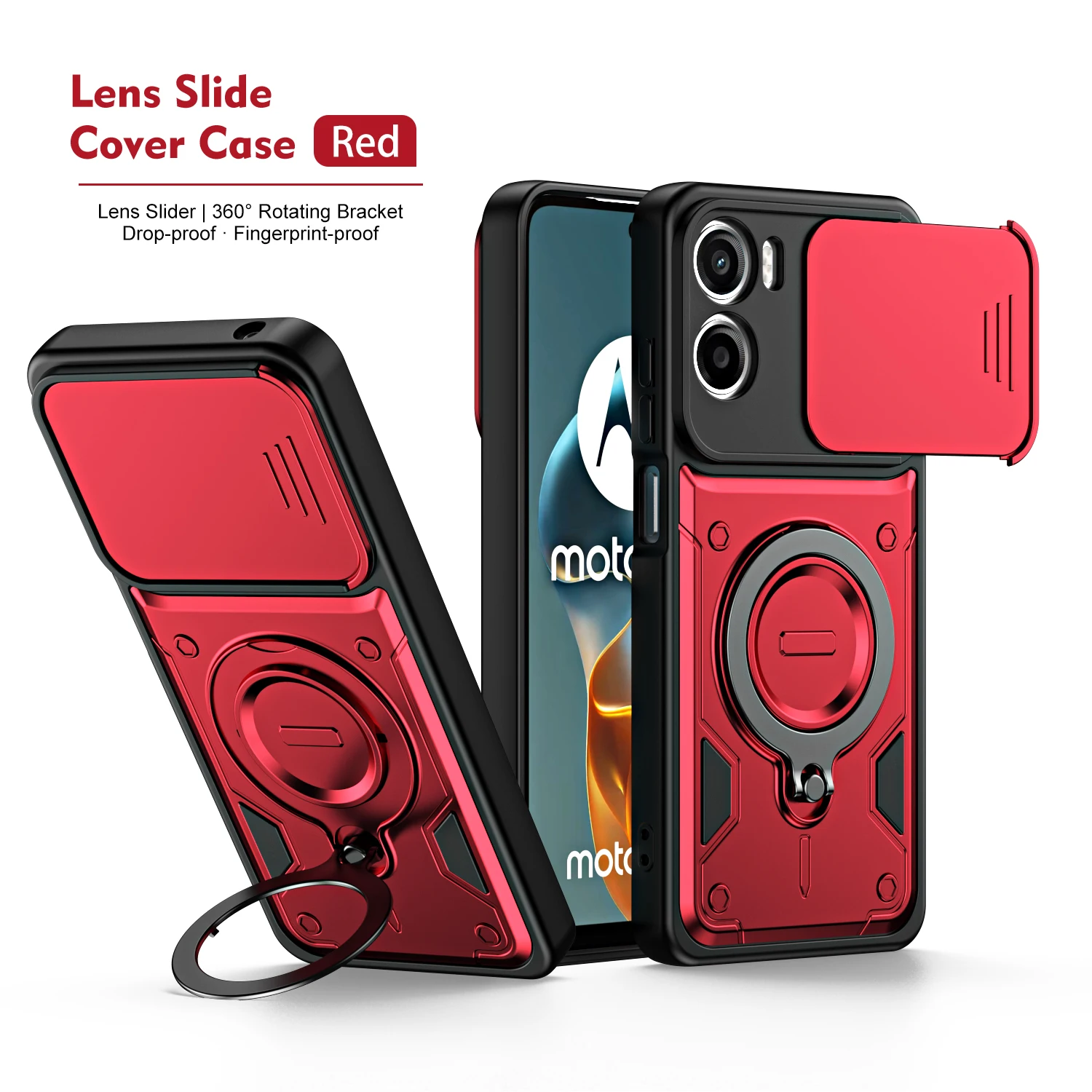Rugged Armor Shockproof Phone Case with Slide Camera Lens Protection and Ring Stand