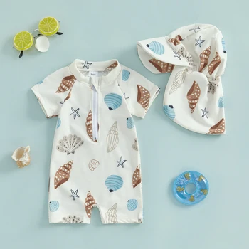 BeQeuewll Newborn Baby Summer Swimsuit Fashion Beachwear Seashell Print Zipper Short Sleeve Sun Protection Bathing Suit with Cap