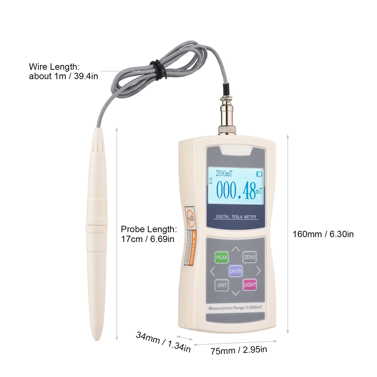Gaussmeter Digital Tesla Meter 200mT/2000mT Standard Radial Hall Probe High Accuracy Sensitive Surface Magnetic Field Tester 6