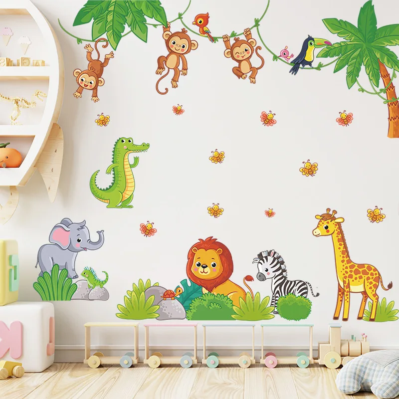 Cartoon Zoo Monkeys Wall Stickers for Kids Room Elephant Giraffe