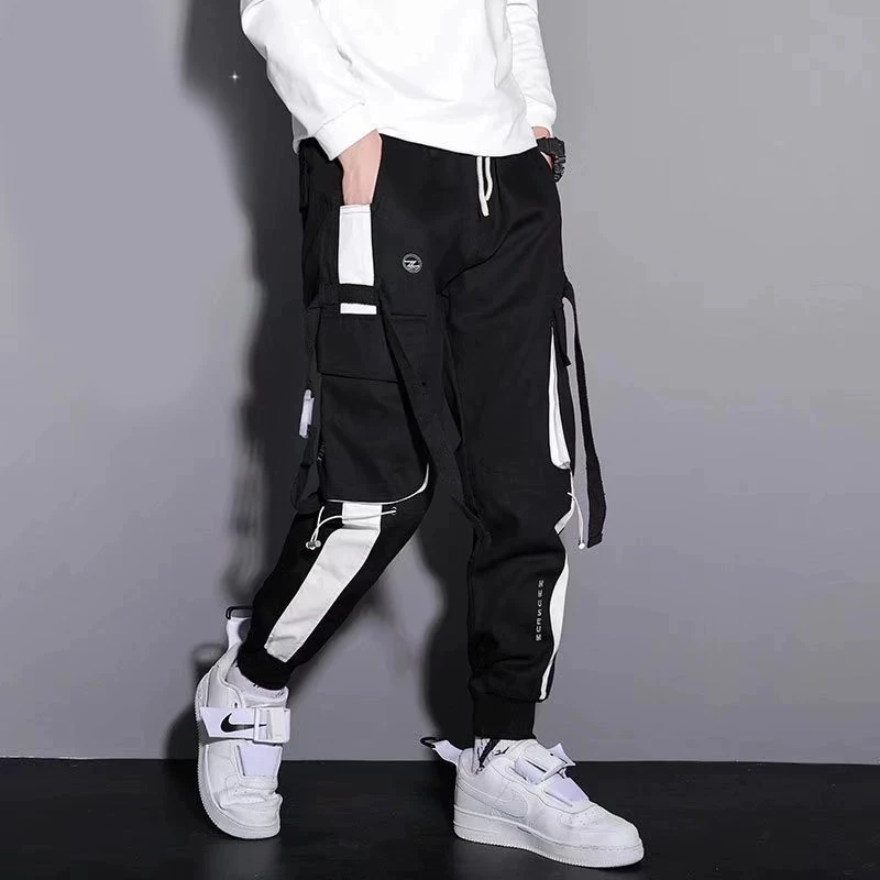 Functional fashion brand overalls men’s personality ribbon tie-in Korean version of the trend of Loose Street hip-hop pants