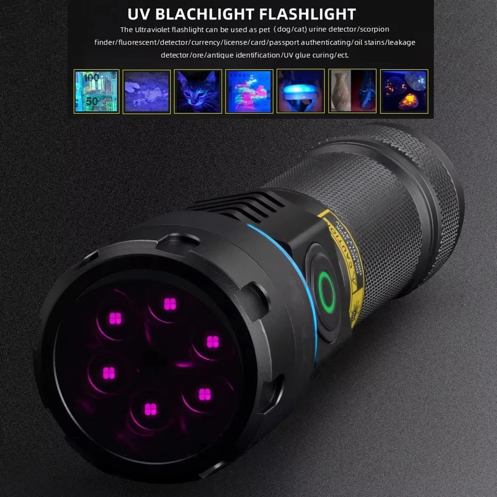 고출력 395/365nm UV 손전등 USB 충전식 방수 블랙 라이트 퍼플 램프 토치 애완동물 소변 얼룩 감지기