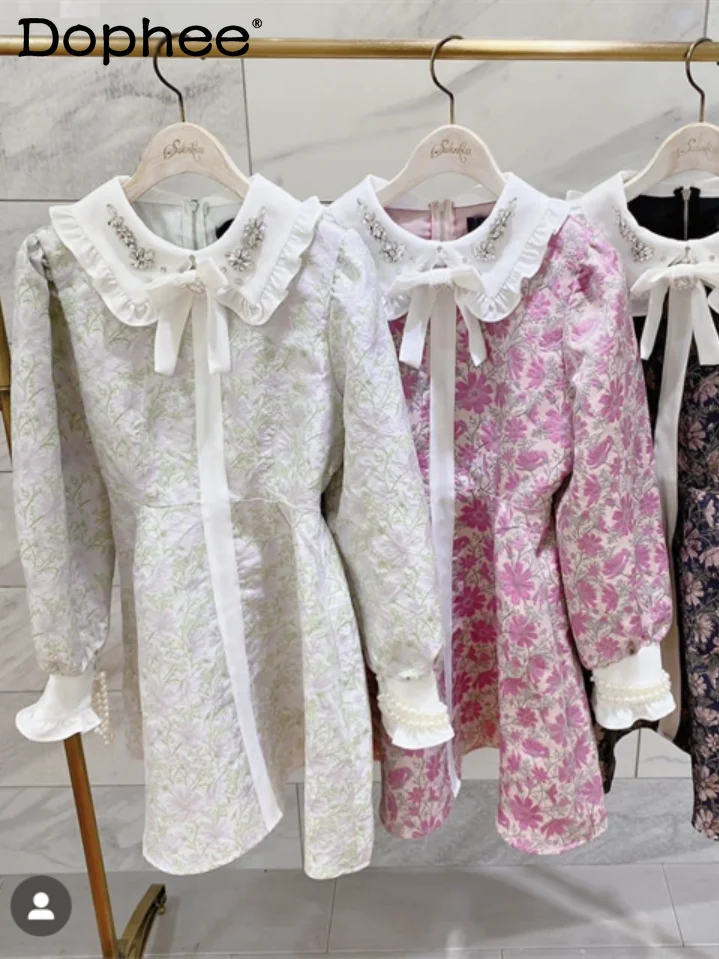 

Japanese Sweet Lady Beaded Rhinestone Buckle Printed Mini Dress for Women Lolita Cute Doll Collar Long Sleeve Slim Dress Student
