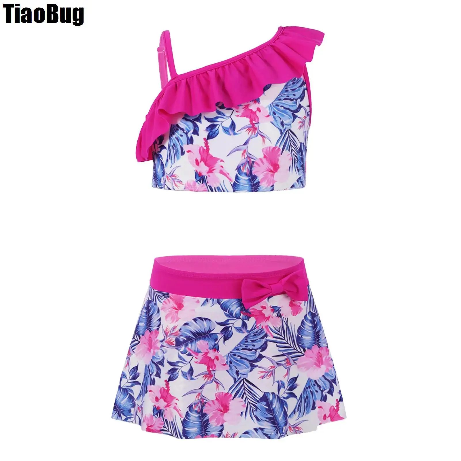 

3Pc Kids Girls Floral Printing Swimsuits Summer Tankini Outfits Shoulder Ruffle Tank Vest Crop Tops+Bikini Briefs+Skirts