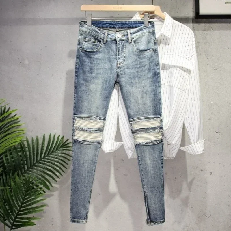 Man Cowboy Pants Cropped Light Blue Ripped Trousers with Holes Men's Jeans Torn Broken Original Winter Y 2k Vintage Oversize Y2k men jeans ripped jeans ripped patchwork jeans