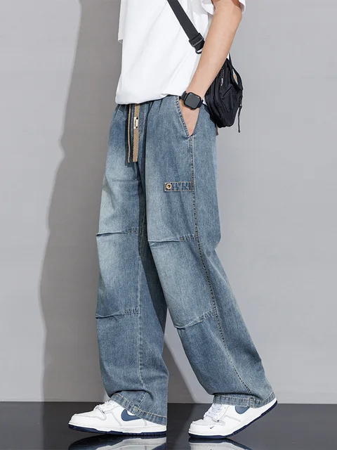 Jean cargo pour homme 2026 Nouvelle collection Printemps-Été, coupe large, en denim, style droit et ample, Tailles Asiatiques L-5XL 1