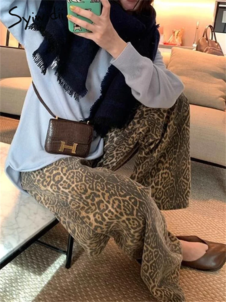Syiwidii 여성용 레오파드 무늬 청바지, 하이 웨이스트 빈티지 와이드 레그 데님 바지, 스트리트웨어 패션, 레트로 캐주얼 Y2k 배기 청바지