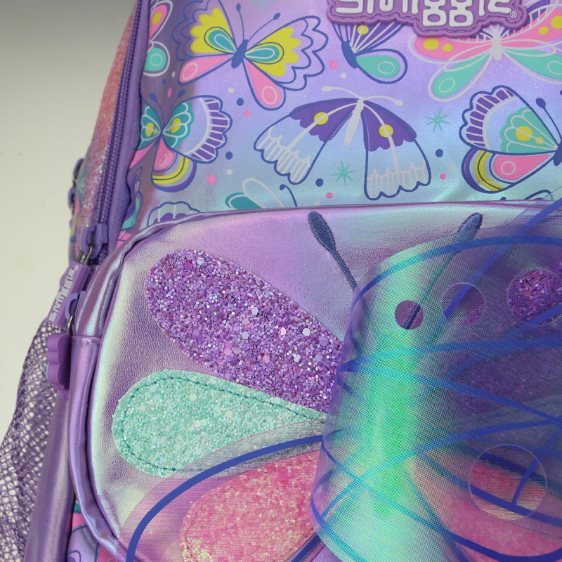 Australia Smiggle Original Children's Schoolbag Girl Backpack Purple Butterfly Waterproof PU School Supplies 16 Inches 7-12 Year