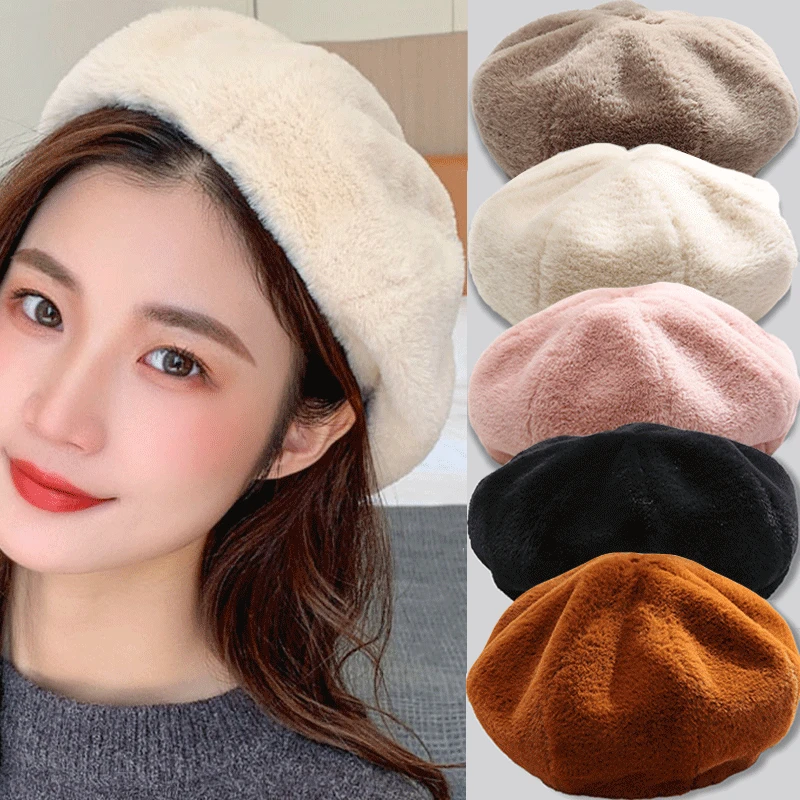 

Y2K Rabbit Fur Beret Hat Female Autumn Winter Warm Candy Color All-match Sweet Cute Plush Painter Hats Brim Newsboy Cap Gorras