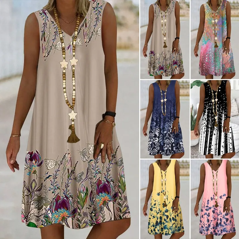 

5-color Irregular Printed Women's Sleeveless Dress with V-Neck and Loose Fit perfect for Summer Vacation