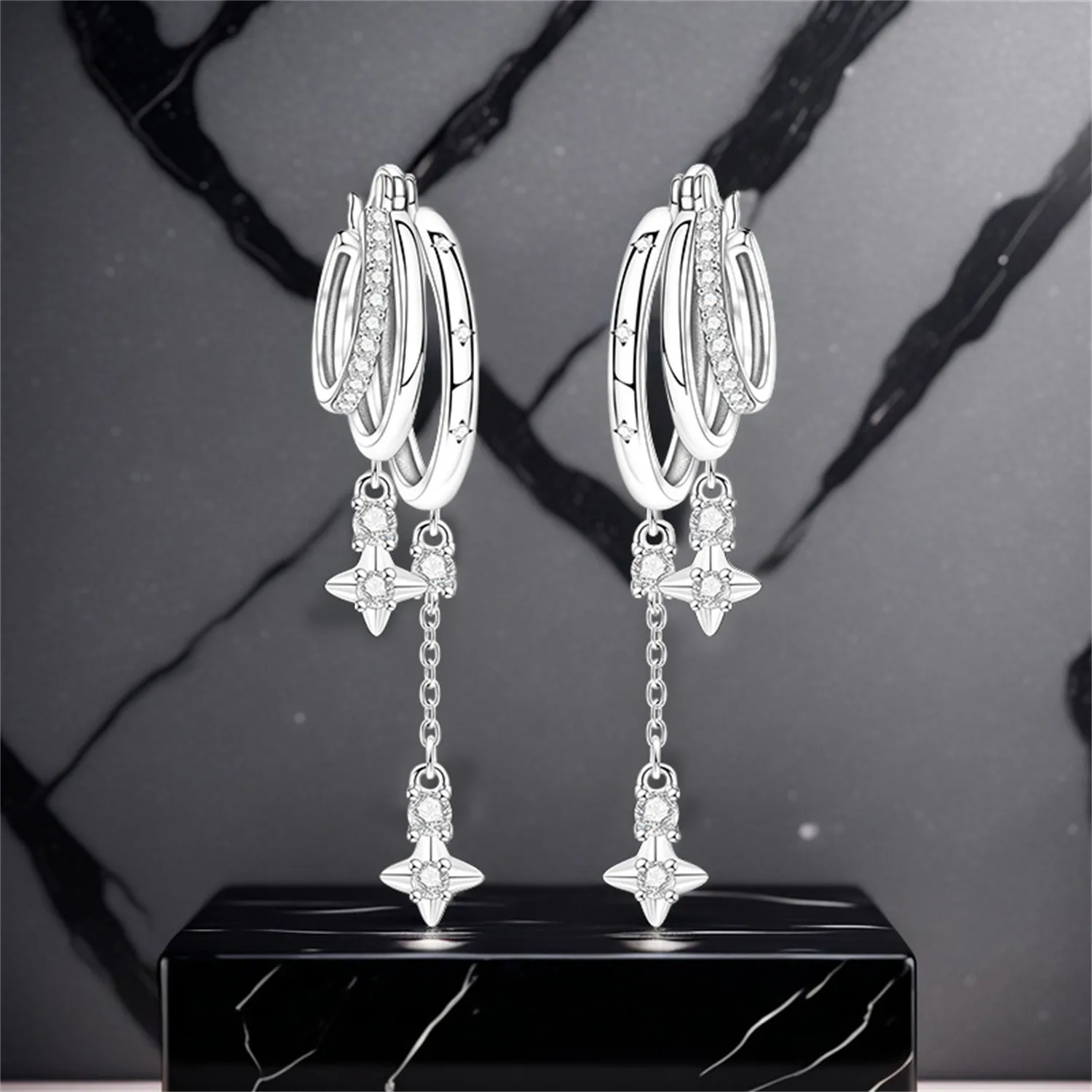 Sterling Silver Multi Layer Starry Tassel Drop Earrings Women Jewelry Gifts