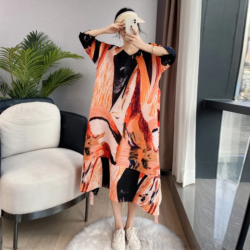 

Miyake Women's Irregular Pleated Dress Printed Color Block Round Neck Half Sleeve Loose 2024 Summer Women's New Style